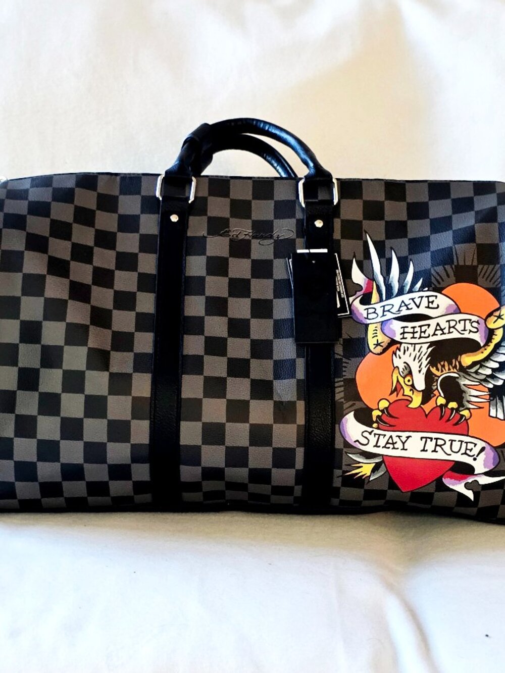 ED HARDY "Brave Hearts Stay True" Black & Grey Checkered Weekender Duffle Bag